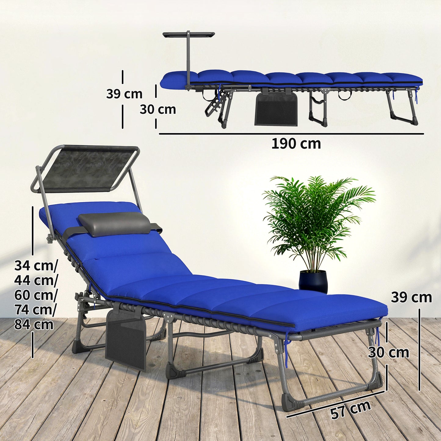 Folding Sun Loungers Set of 2 with Canopy, Reclining Sunbed with Cushion, Side Pocket, Carrying Handle, Dark Blue