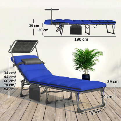 Folding Sun Loungers Set of 2 with Canopy, Reclining Sunbed with Cushion, Side Pocket, Carrying Handle, Dark Blue