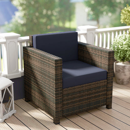 PE Rattan Garden Armchair with Cushion - Mixed Brown/Navy Blue