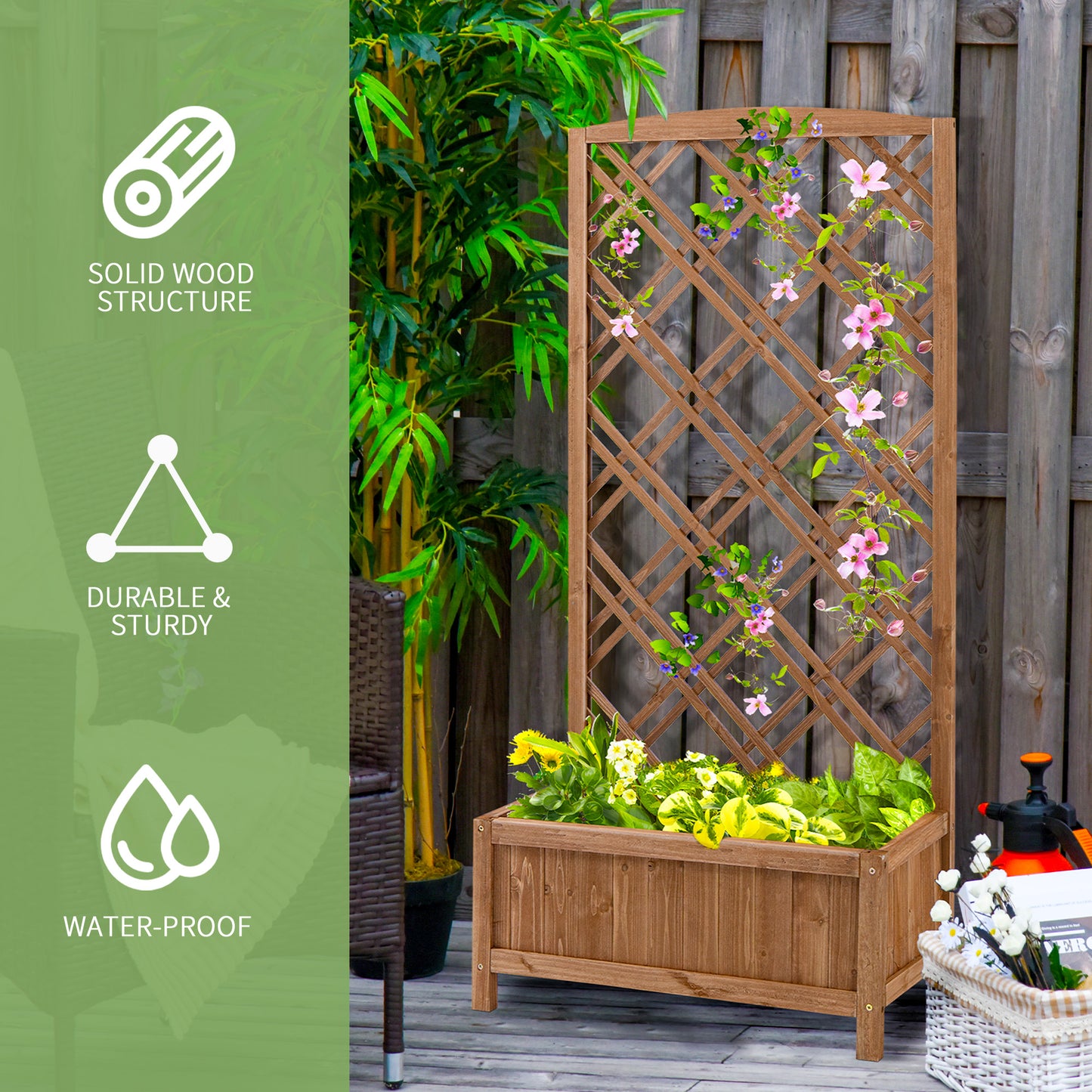 Garden Planter with Trellis, Wooden Raised Bed for Garden with Lattice Trellis for Vegetables, Herbs and Flowers, Brown