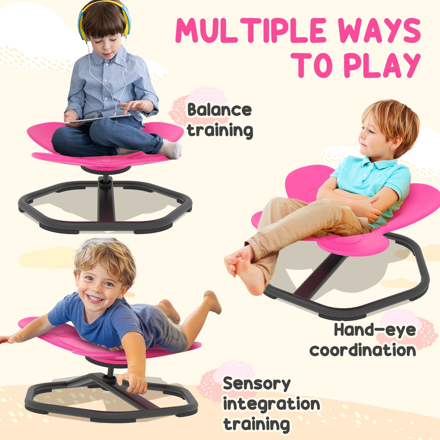 Butterfly-Shaped-kids Swivel Chair, Sensory Spinning Chair for Balance, Coordination Training, Pink