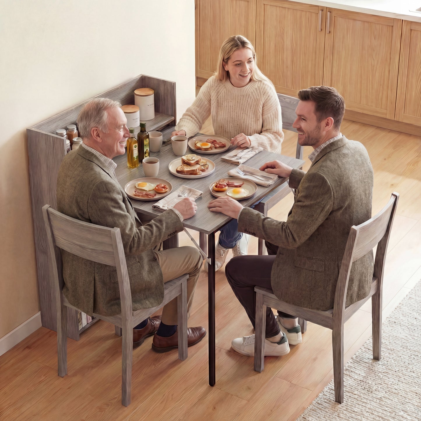 Kitchen Table, Folding Dining Table, with 4-Tier Shelves, Modern Drop-Leaf Table, Grey Wood Effect