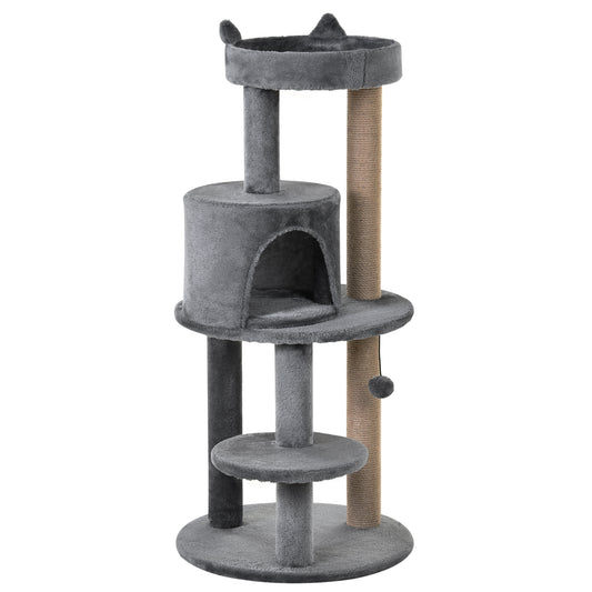104 cm Cat Tree, Cat Condo Tree Tower, Cat Activity Centre with Scratching Posts, Plush Perches, Hanging Ball - Grey
