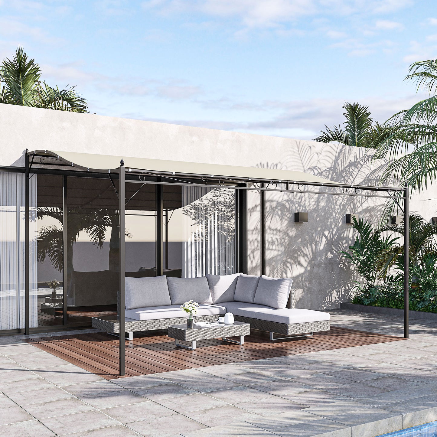 4 x 3 Meters Canopy Metal Wall Gazebo Awning Garden Marquee Shelter Door Porch - Cream