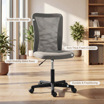Computer Desk Chair, Mesh Office Chair with Adjustable Height and Swivel Wheels, Armless Study Chair, Grey