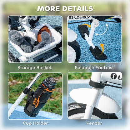 6 in 1 Tricycle for Kids with 5-point harness straps, Removable Canopy, White