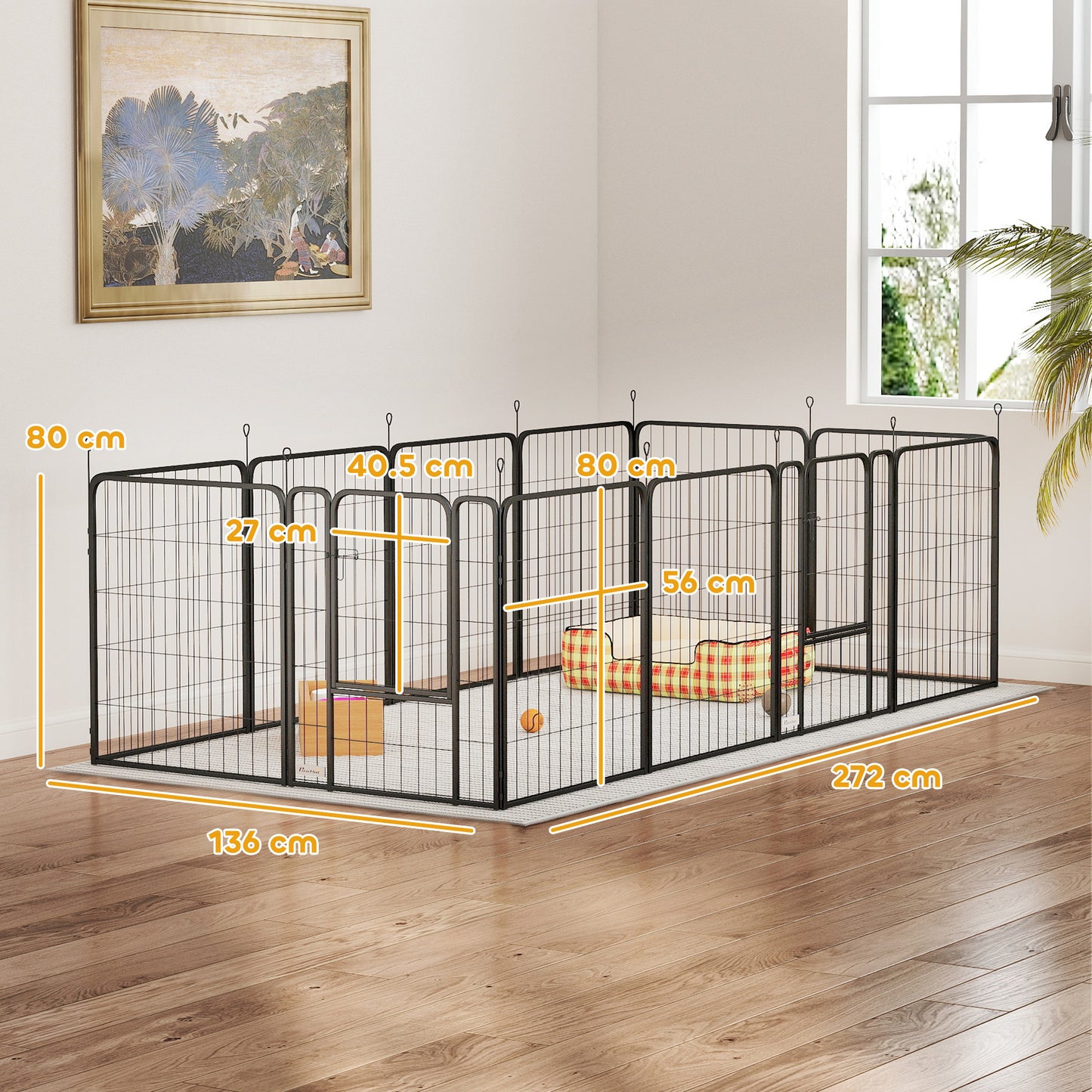 12-Panel Solid Dog Playpen with Doors, for Medium Dogs, 80cm High, Black