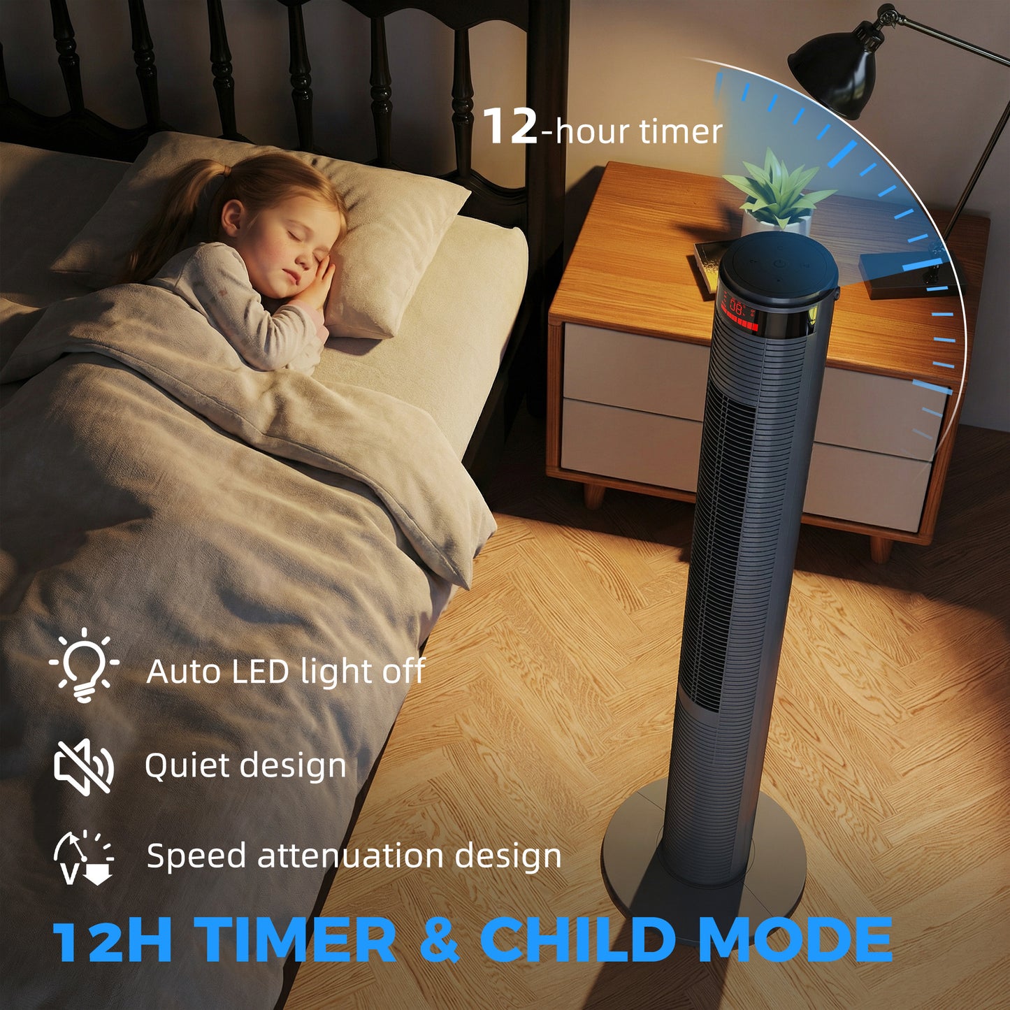 Oscillating Tower Fan Remote Control 3 Speed Modes Cooling Machine, Grey