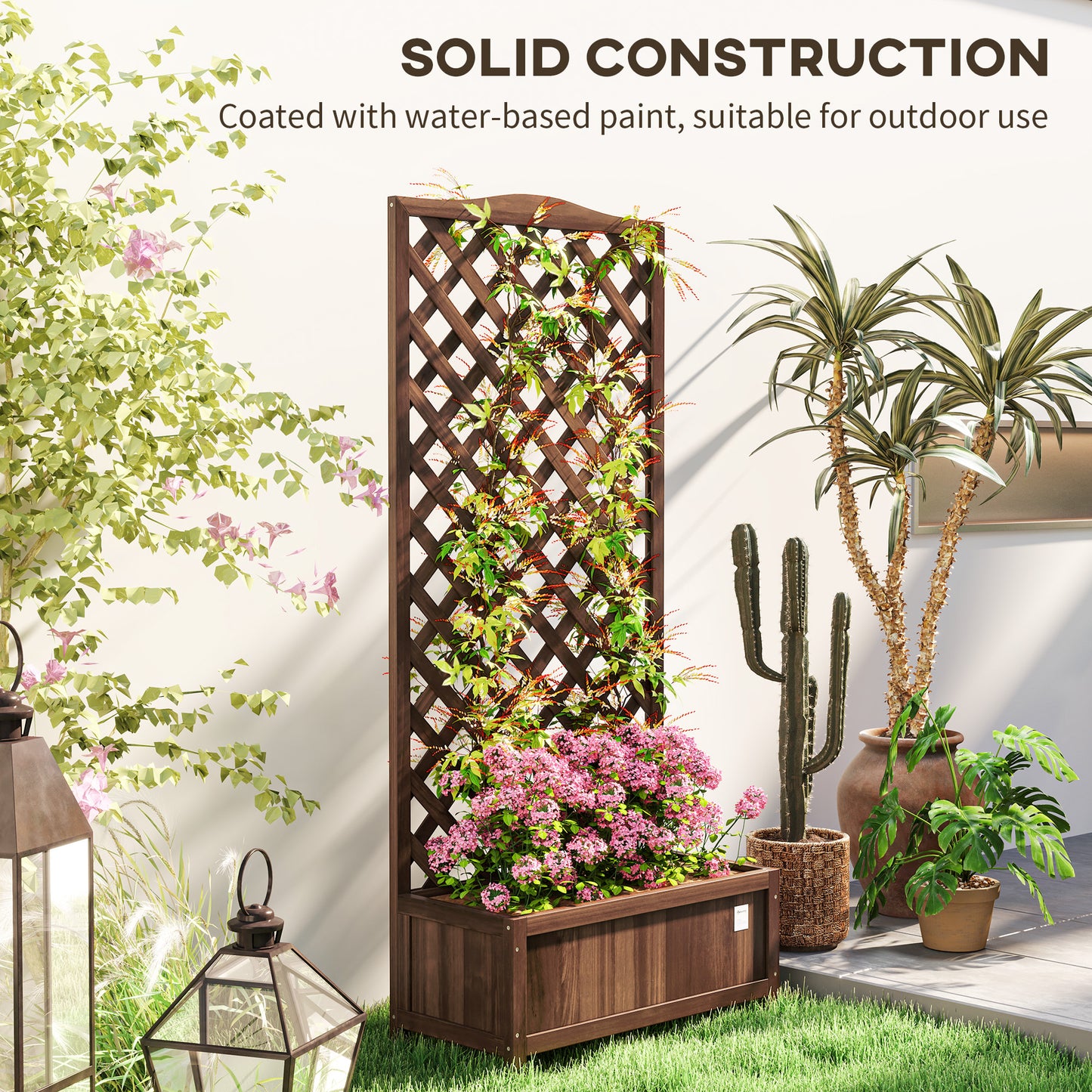 Wooden Planter with Trellis, Freestanding Raised Bed for Garden with Lattice, Outdoor Planter Box for Climbing Plants, Vines