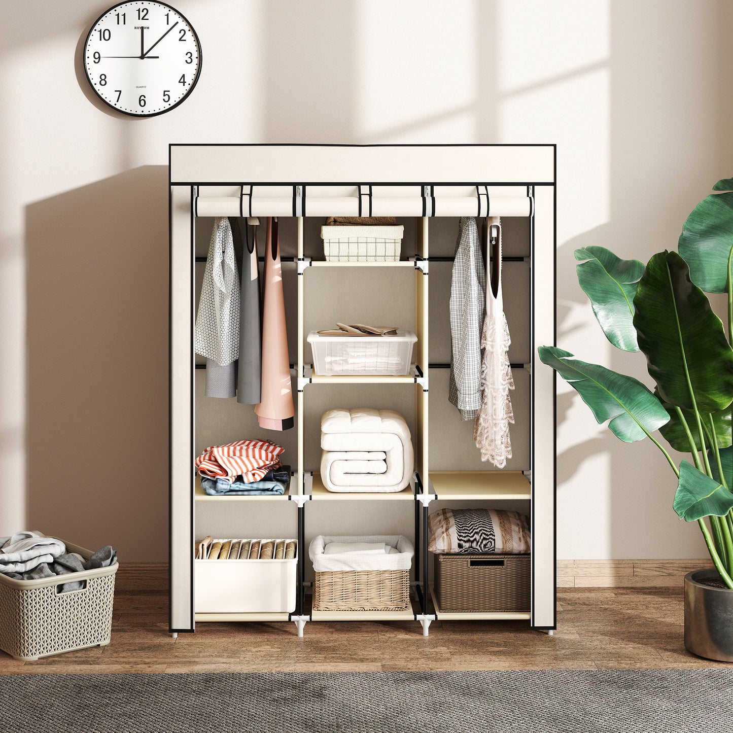 Fabric Wardrobe, with Rails and Shelves - Cream White