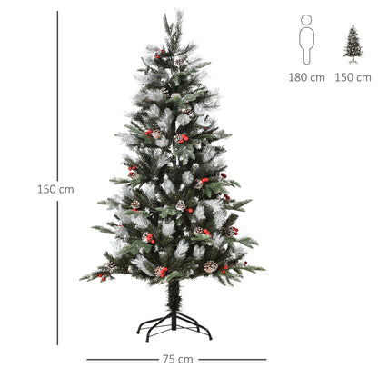 5FT Artificial Snow Dipped Christmas Tree Xmas Pencil Tree Holiday Home Party Decoration with Foldable Feet Red Berries White