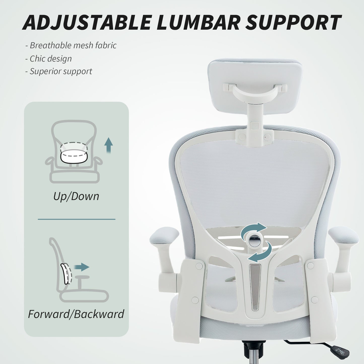 Multi-Adjustable Office Chair, with Lumbar Support, Headrest and Mesh Back - White