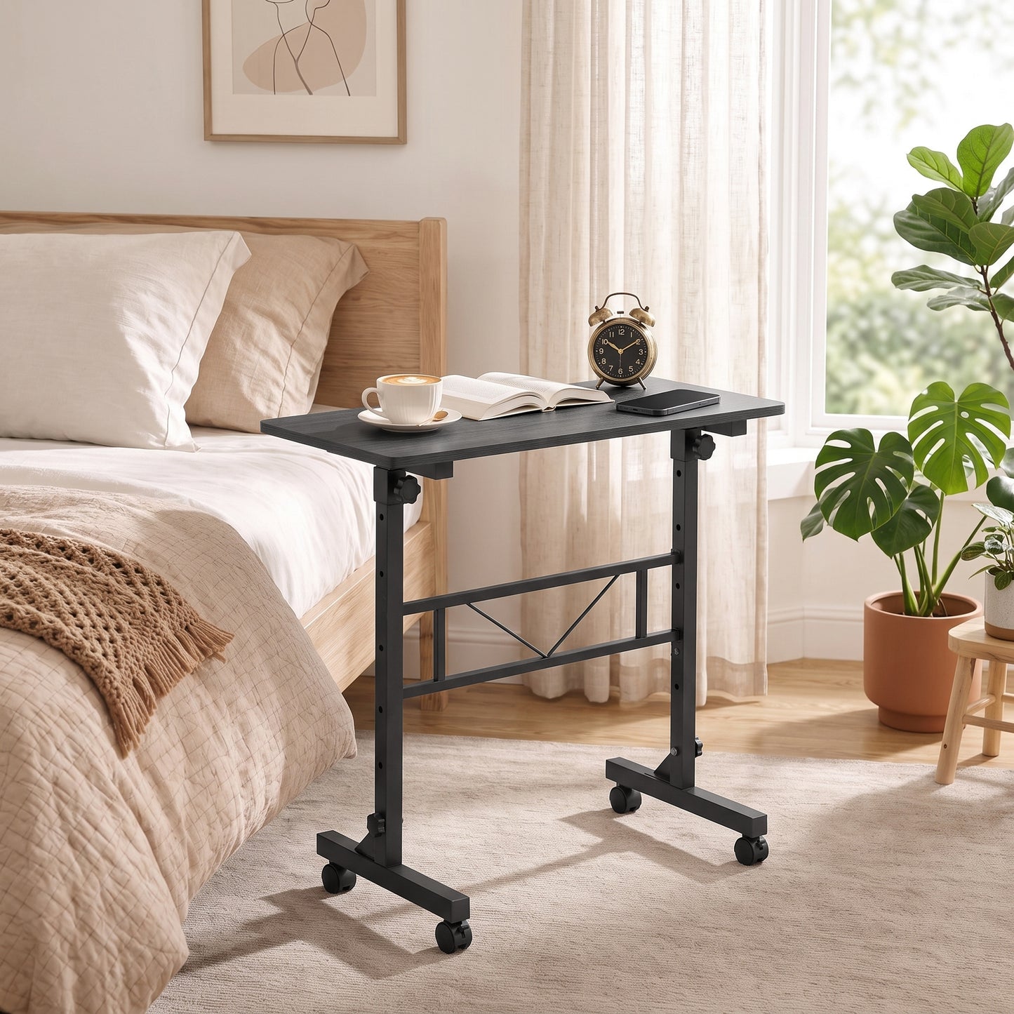 Overbed Table Adjustable Height Sofa Side Table with Wheels 80 x 40 cm Black