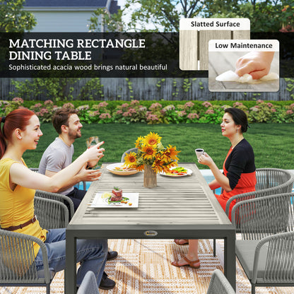 Rattan Dining Set, 6 Seater Rattan Garden Furniture Set with Acacia Wood Top Rectangle Table, 6 Chairs