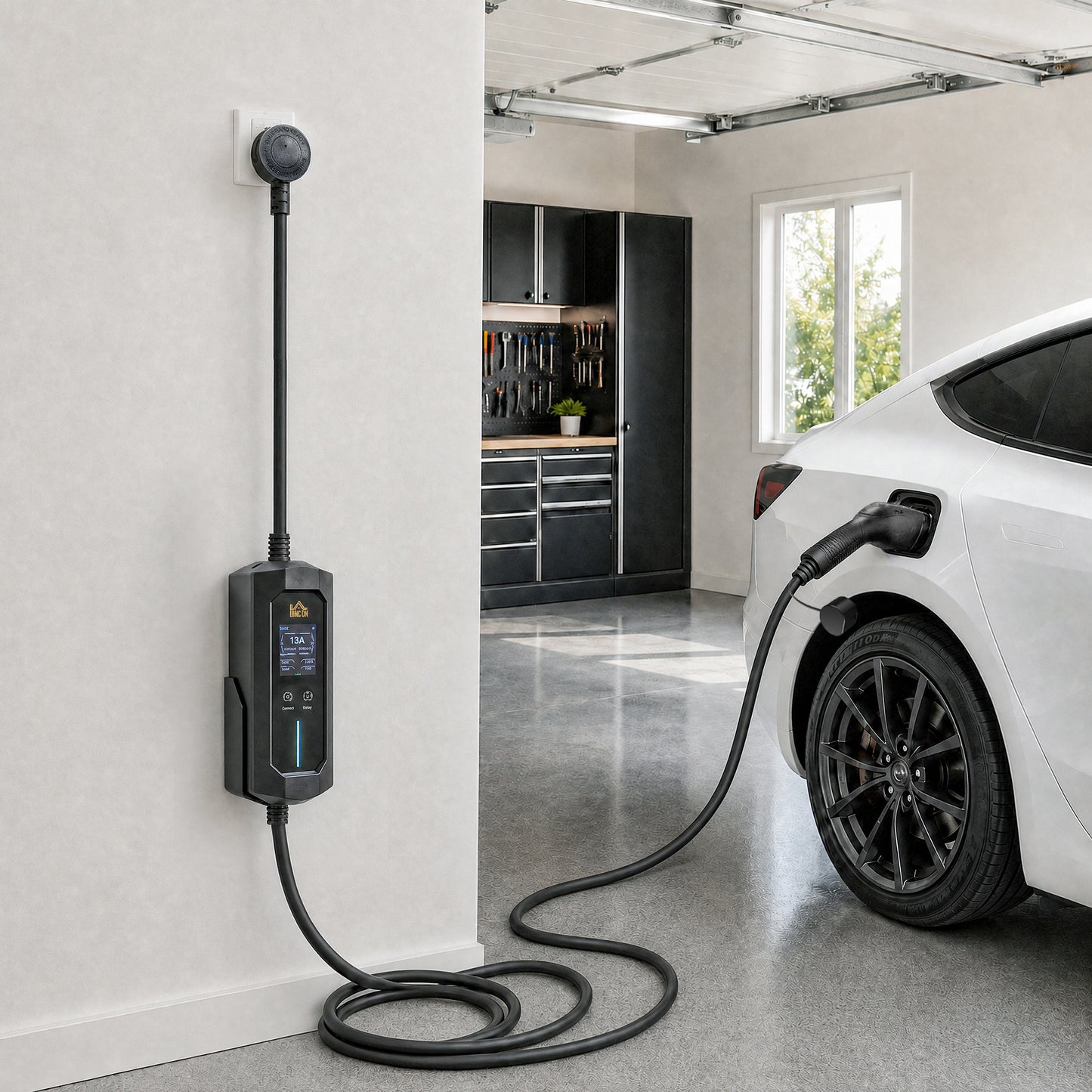 EV Charger Type 2 to 3 Pin Plug, 10 m, 2.8 kW, 6-13 A, Electric Car Charger Type 2 Charging Cable w/ 1-12 h Time Delay