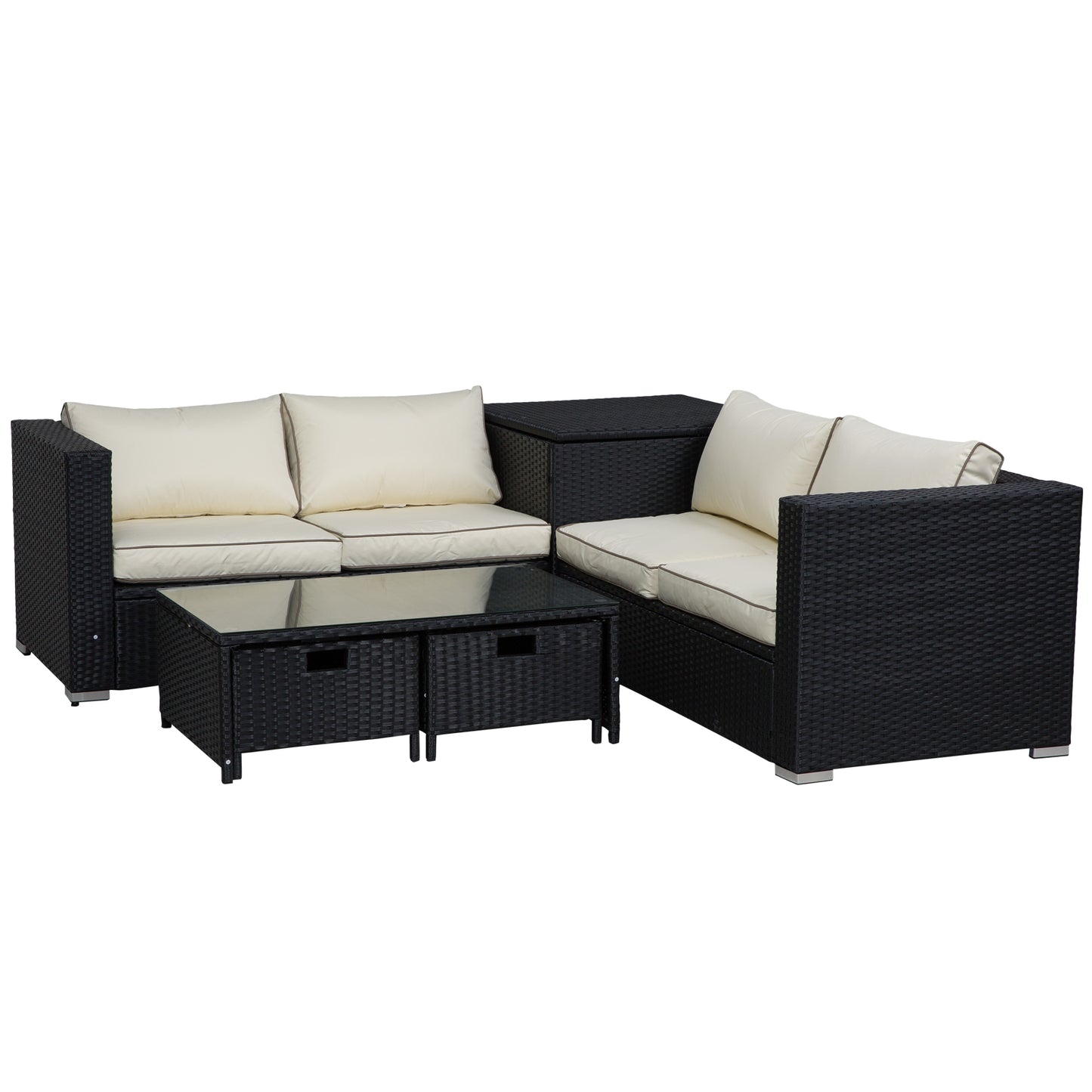 4 Seater Rattan Garden Furniture Set with Storage Box, 2 Drawers Coffee Table, Black