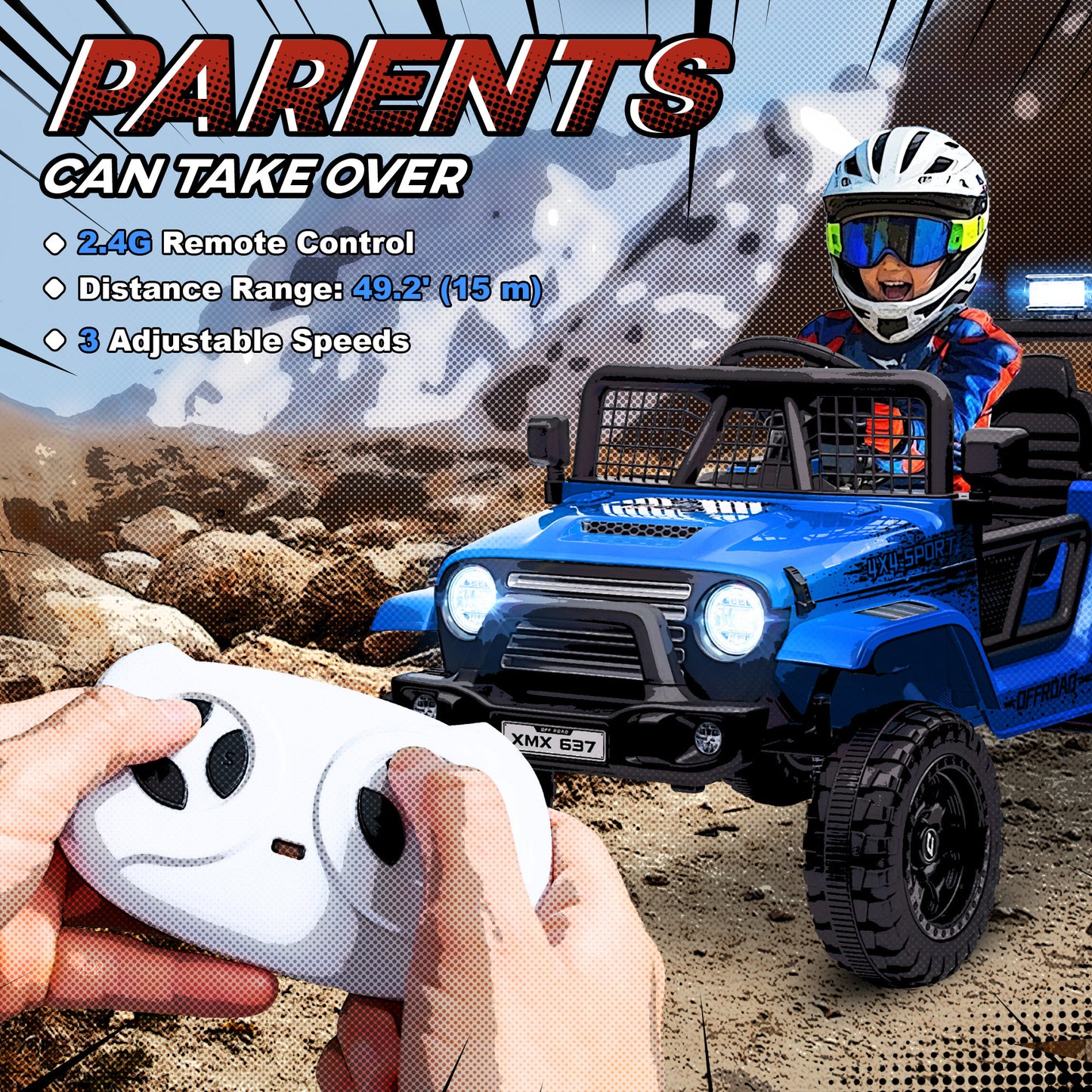 12V Battery Powered Kids Ride-On Car, Electric Truck w/ Spring Suspension, Remote, Music, Horn, Lights, Blue