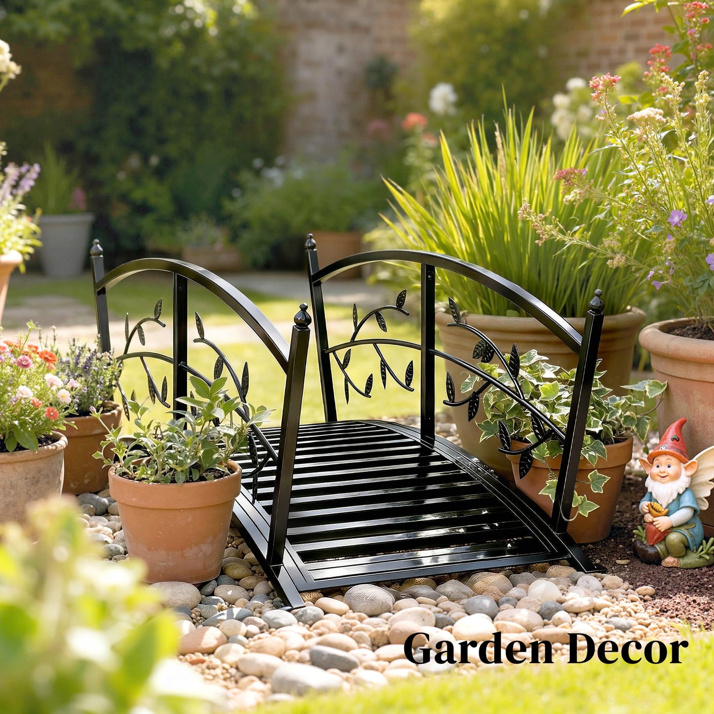 1.2M Metal Garden Bridge with Safety Railings, Outdoor Pond Bridge, Arch Decorative Footbridge for Creek Stream