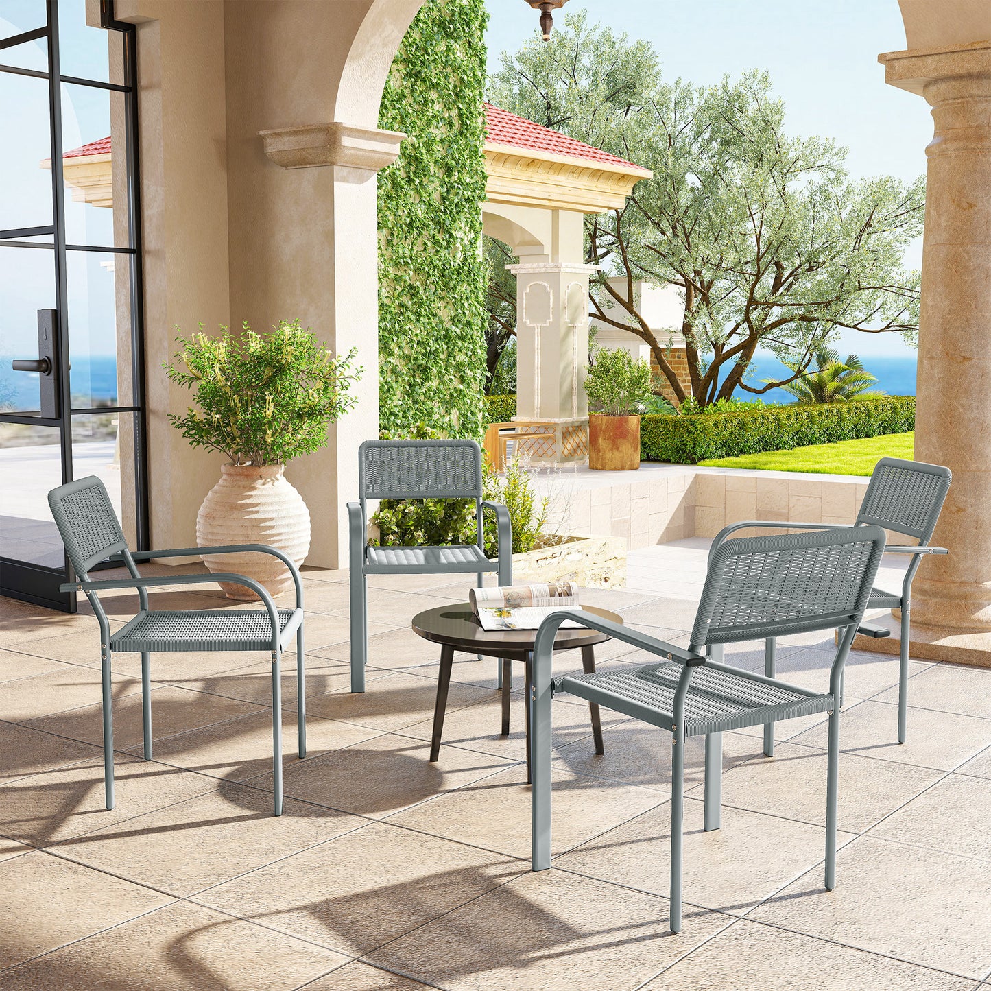 Stackable Garden Chairs Set of 4, Rattan Effect Outdoor Dining Chairs, Light Grey
