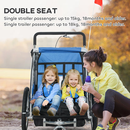 2 Seat Bike Trailer with 5 Point Harness, Baby Bike Stroller with Safety Flag, Reflectors, for 18+ Months, Blue