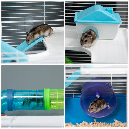 5 Tier Hamster Cage, Gerbil Cage with Exercise Wheel, Feeder Bowl, Tube, Water Bottle, 59L x 36W x 69H cm - Blue