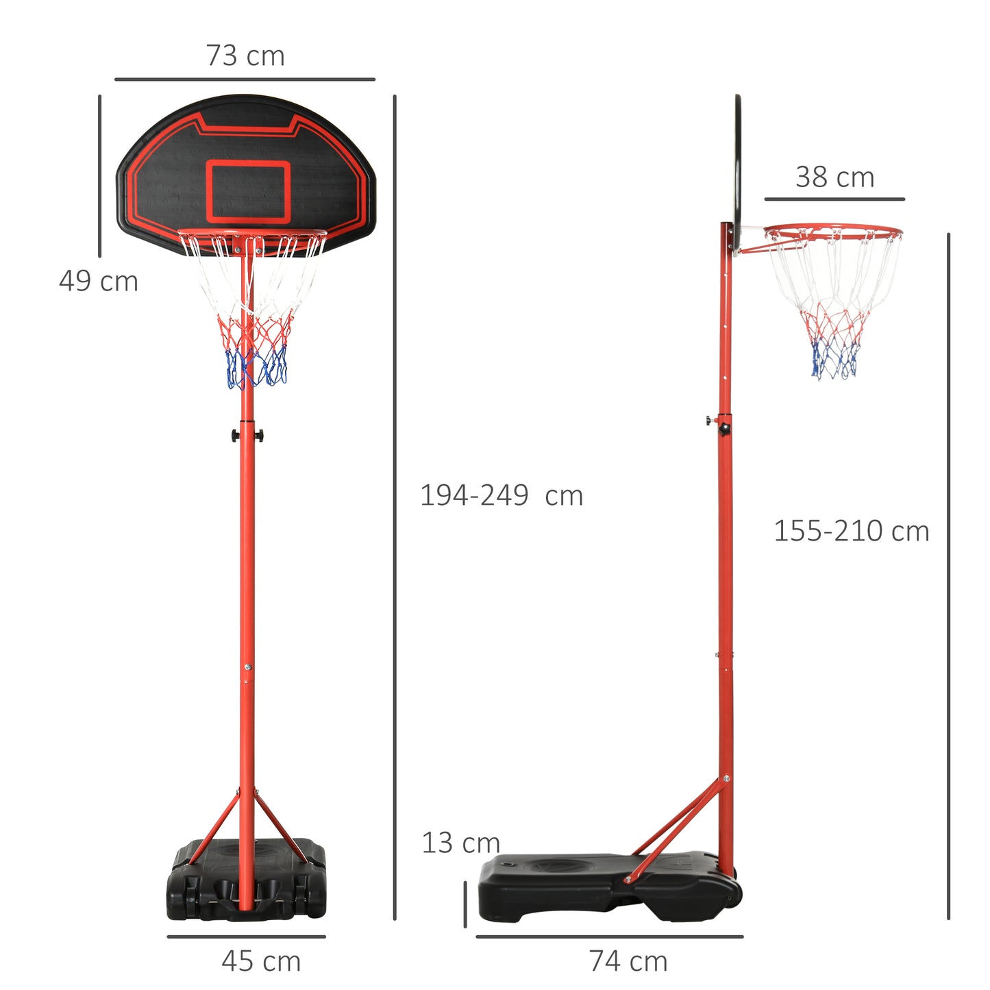 Basketball Hoop Outdoor, Portable Basketball Hoop and Stand with Weighted Base, Portable on Wheels, 1.55-2.1m, for Teens