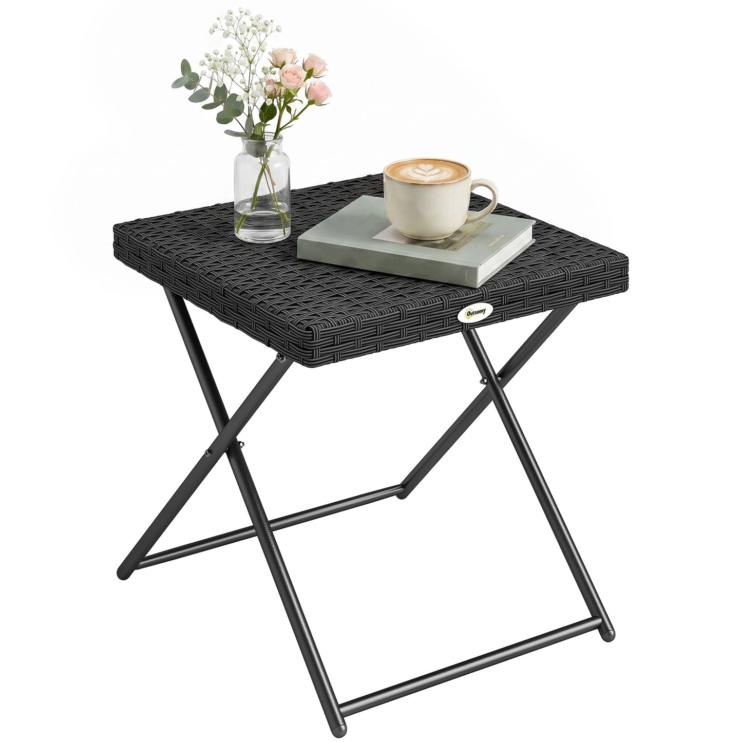 Square PE Wicker Rattan Folding Table - Black