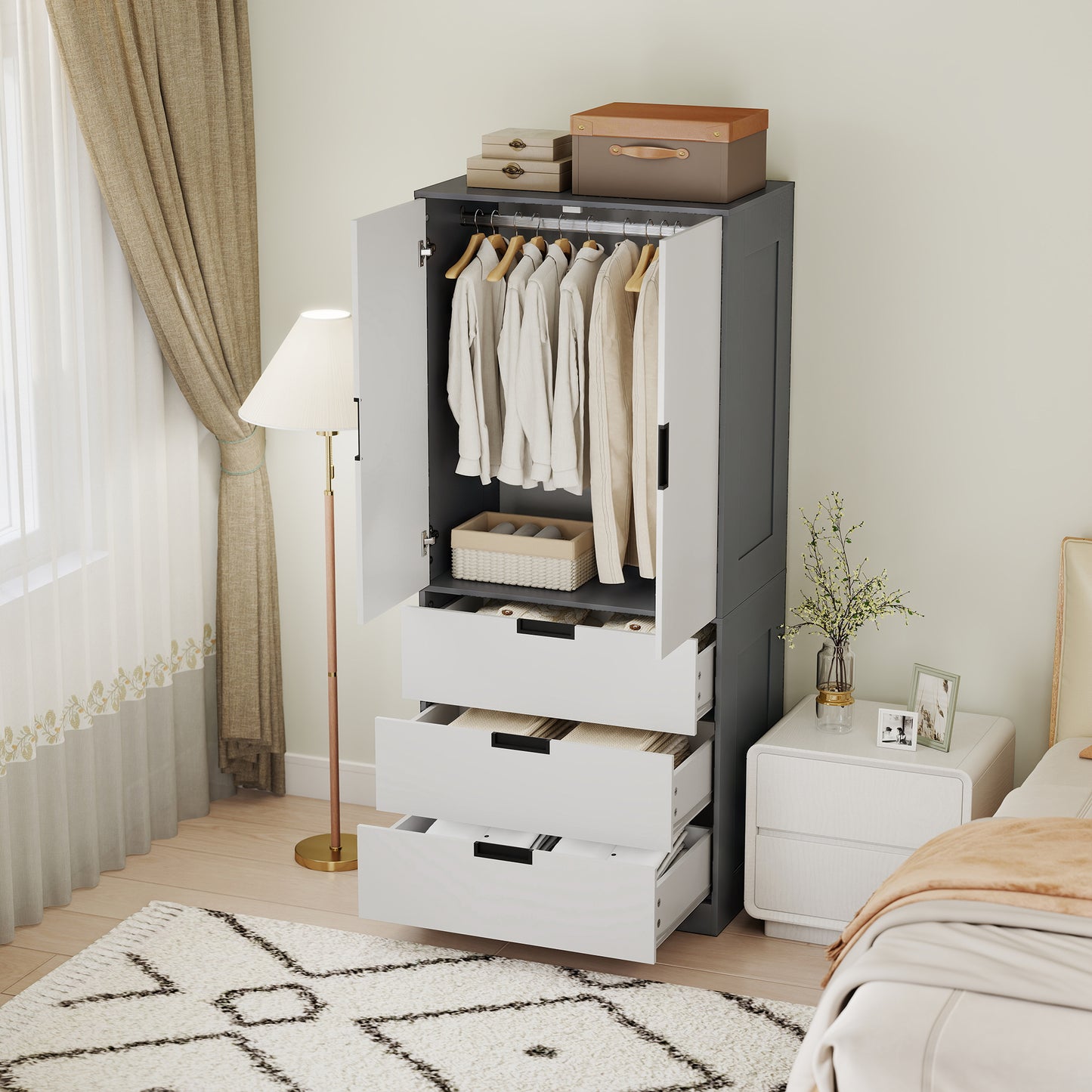 Modern Clothes Storage Cupboard Unit, 3 Drawer 2 Door Wardrobe with Hanging Rod, Grey