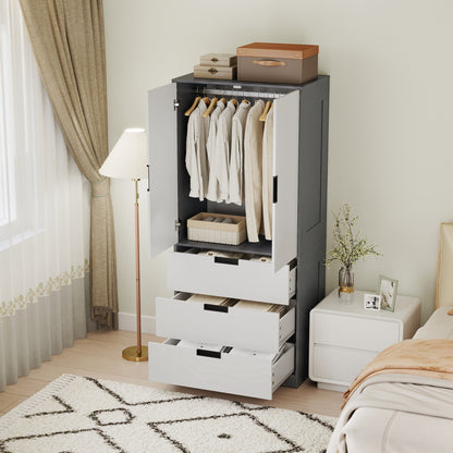 Modern Clothes Storage Cupboard Unit, 3 Drawer 2 Door Wardrobe with Hanging Rod, Grey