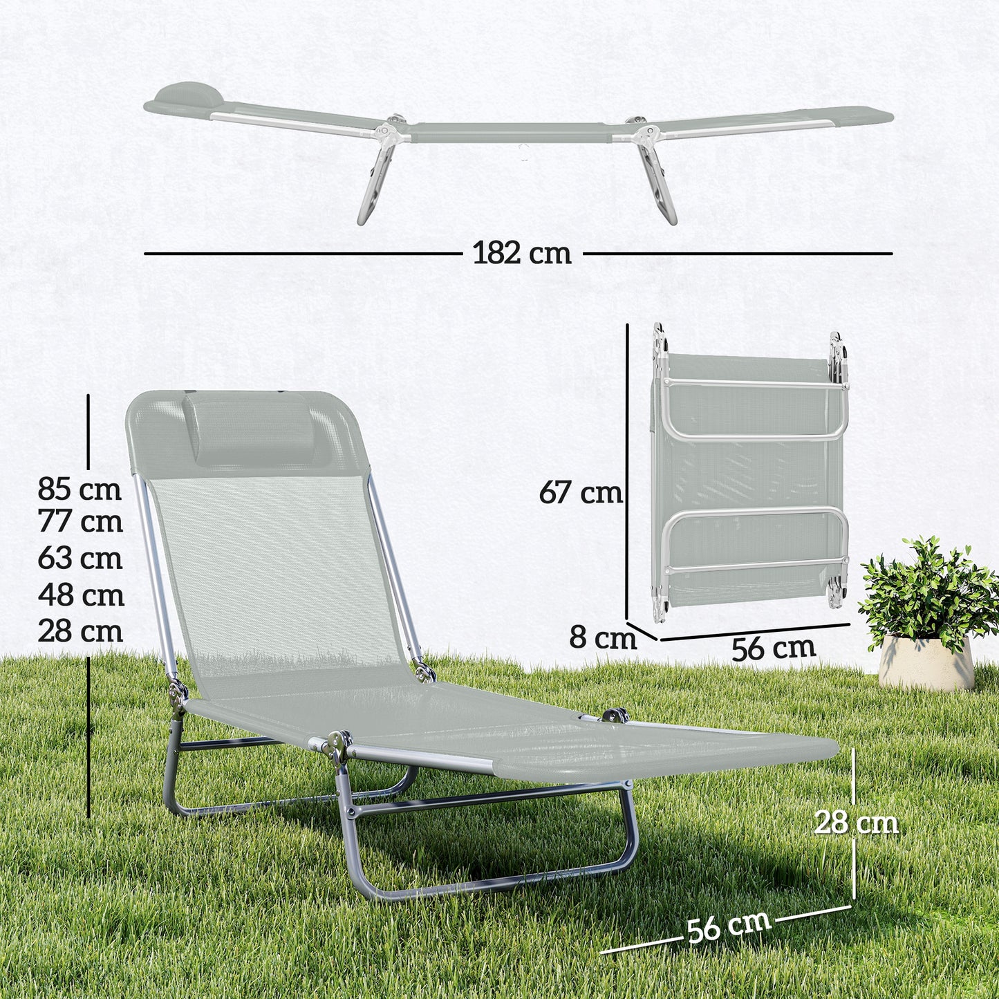 Set of Two Steel Frame Sun Loungers, with Reclining Backs - Light Grey