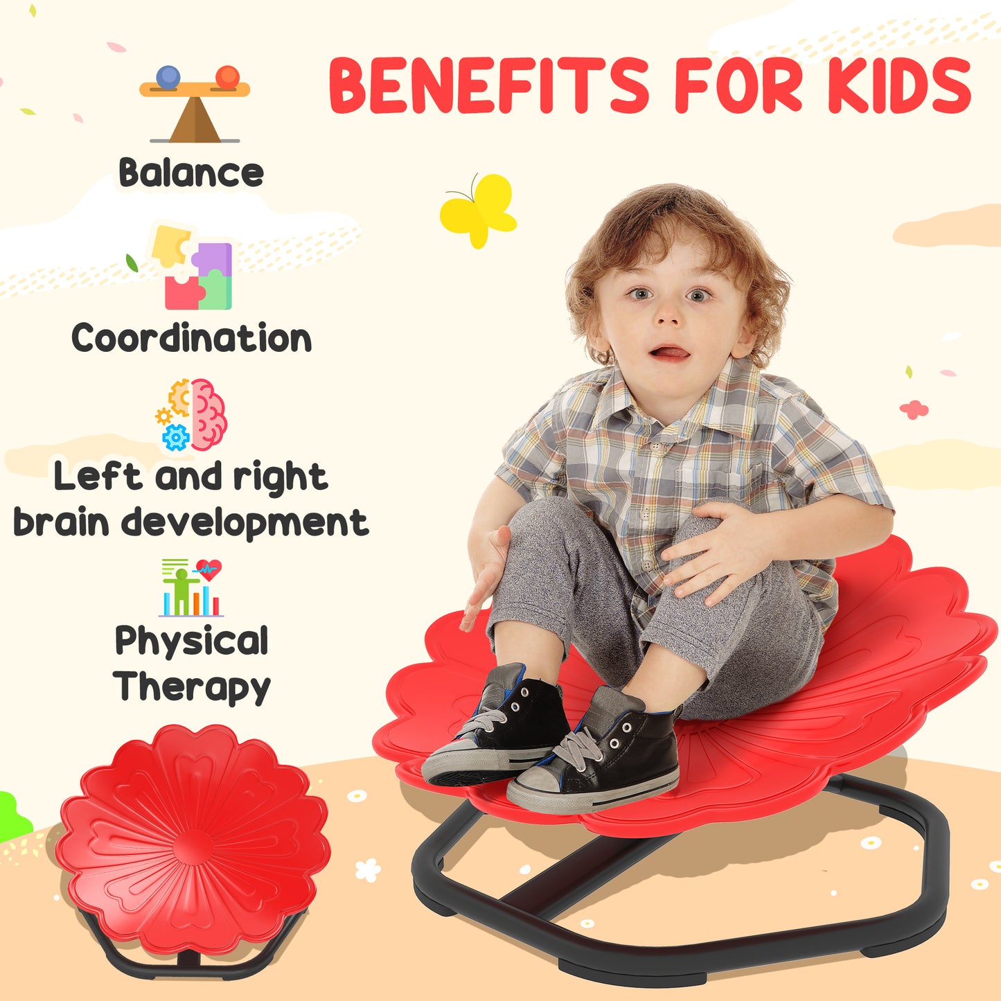 Flower-Shaped Sensory Spinning Chair with Non-Slip Base for Balance/Coordination, Red