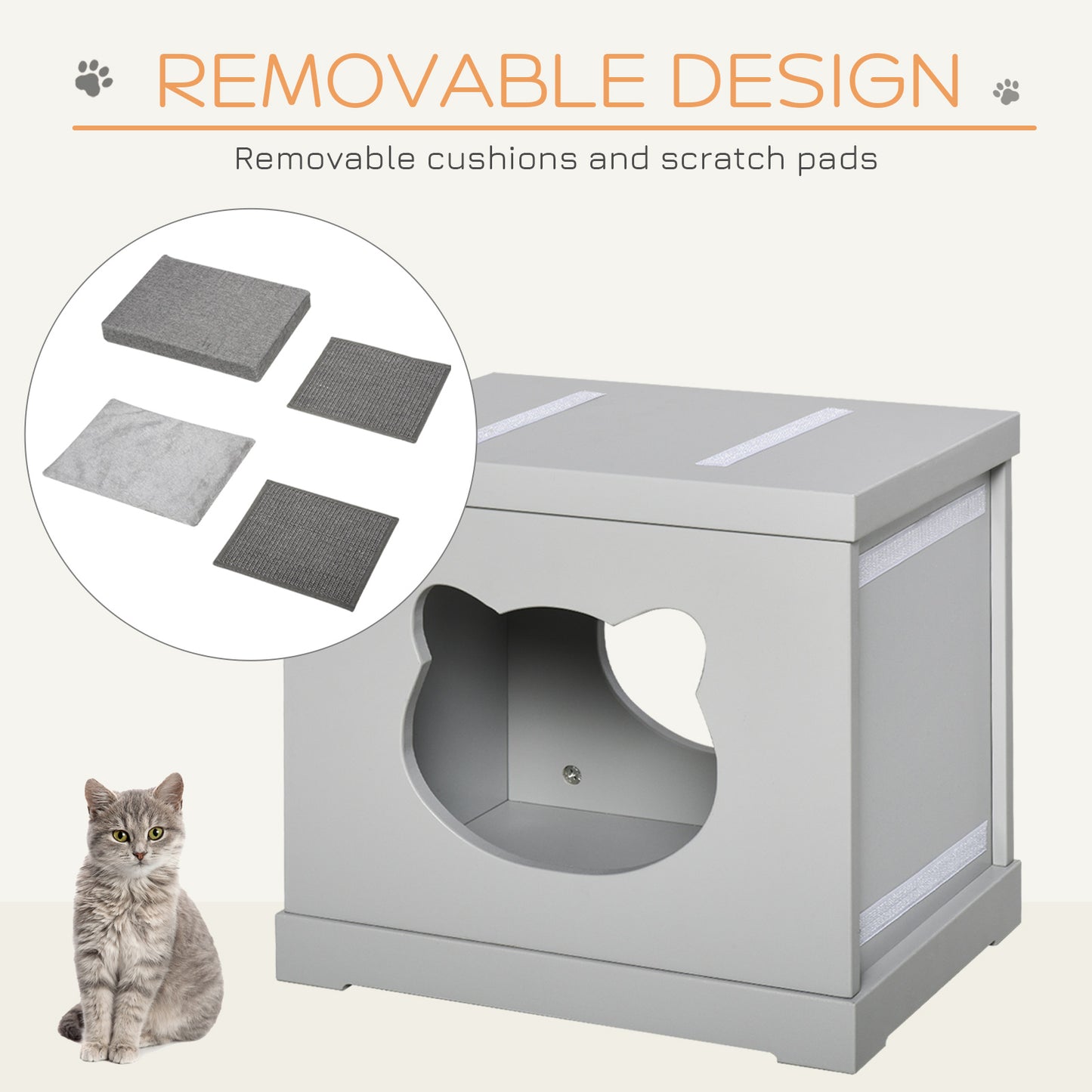 Cat House Bed Kitten Cave Cube Indoor for Small Pet with Removable Sisal Scratching Pads Soft Cushions, 41x30x36 cm, Grey