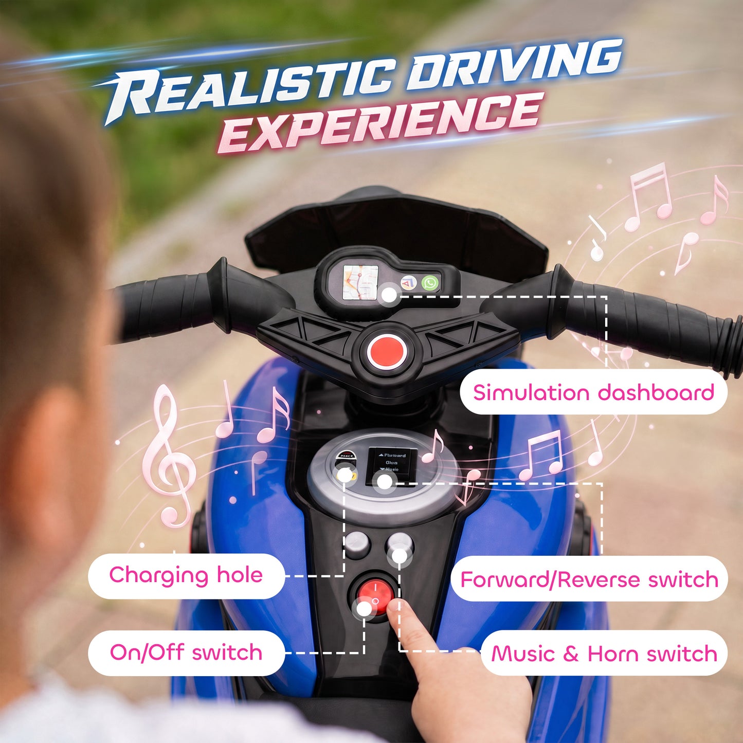 Kids Electric Motorcycle Ride-On Toy, 3-Wheel Battery-Operated Motorbike with Horn, Toddler Ride On Bike, Blue
