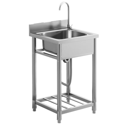 Outdoor Utility Sink, Stainless Steel Free Standing Single Bowl Kitchen Sink with Cold and Hot Water Pipe and Storage Shelf f