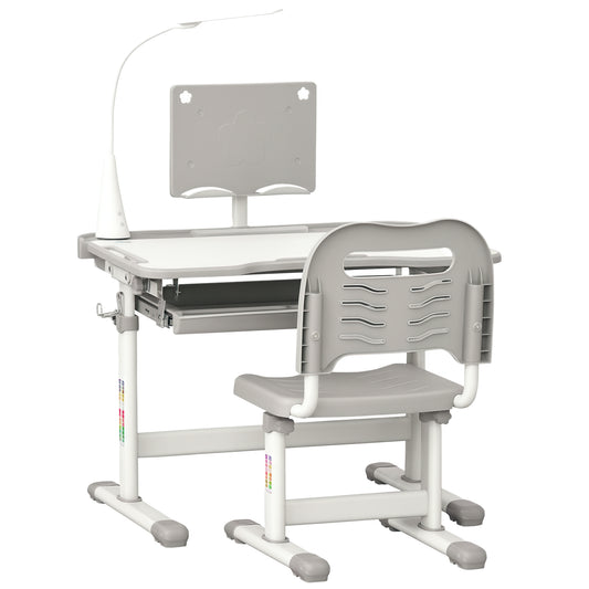 Kids Study Desk and Chair Set w/ Adjustable Height, Storage, Drawer, Grey