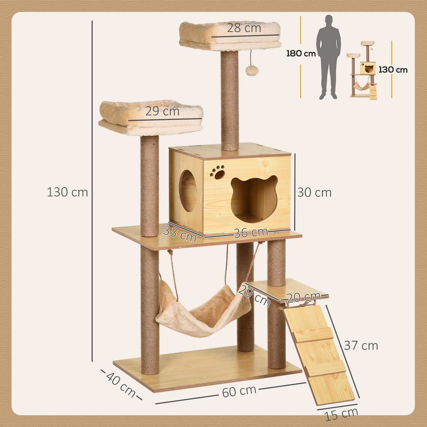 130cm Cat Tree for Indoor Cats, Multi-Level Plush Cat Tower, with Five Scratching Posts, Two Perches, Cat House, Hammock