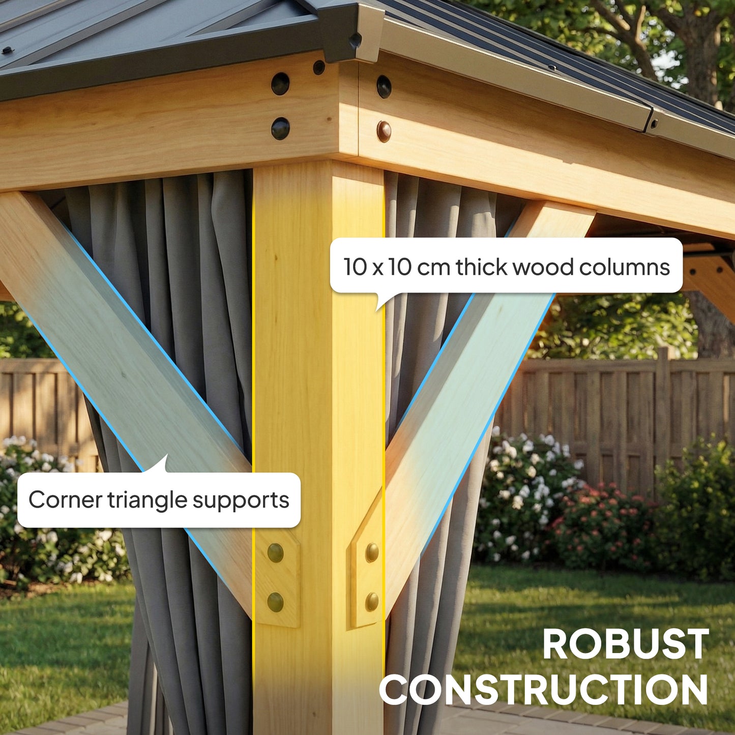 3 x 3 m Outdoor Hardtop Gazebo Canopy with 2-Tier Steel Roof, Wood Garden Gazebo with Curtains, Grey