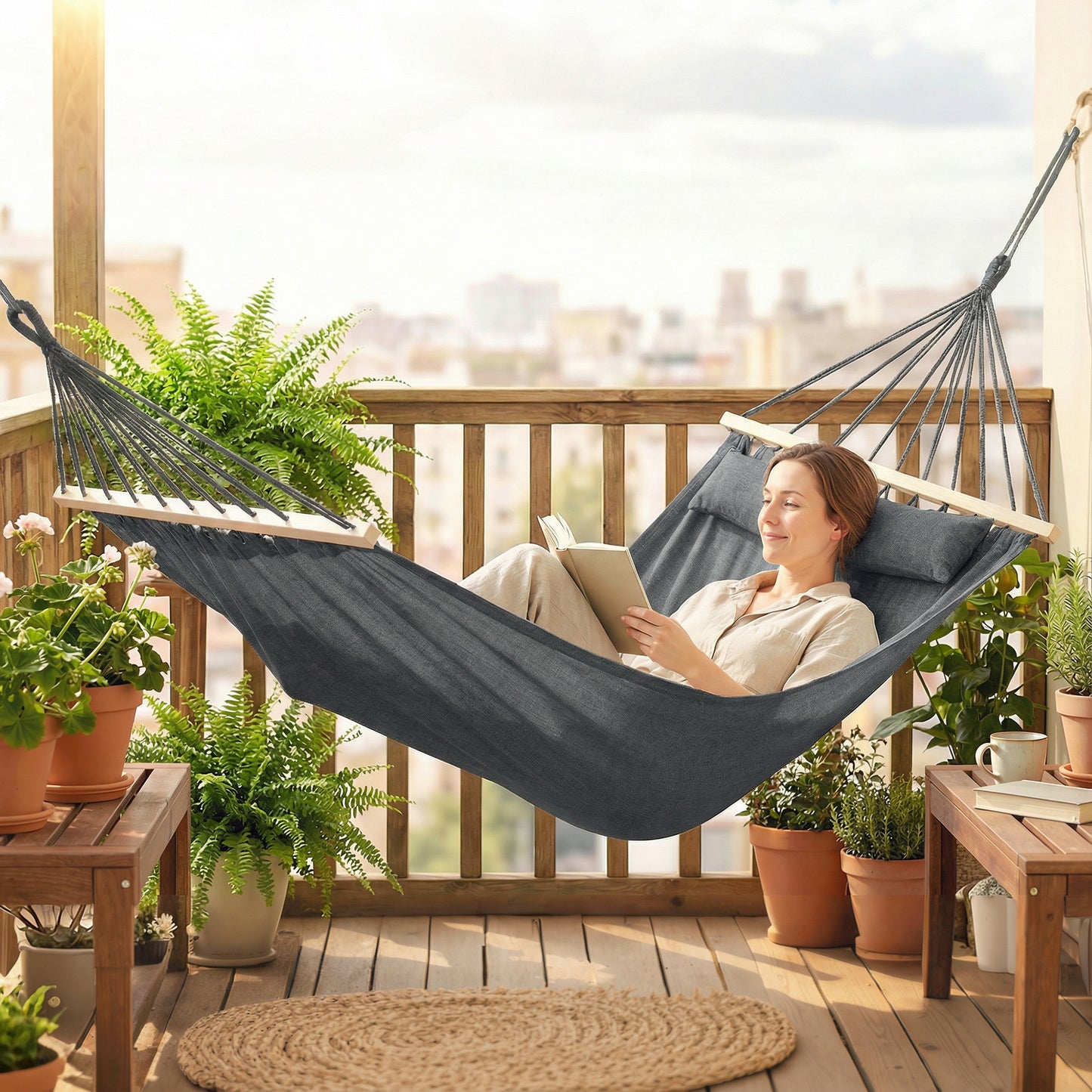 Cotton Hammock, Soft Portable Swing Sleeping w/ Headrest & Side Pocket, Dark Grey