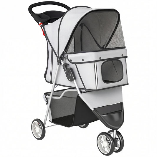 Dog Stroller, 3 Wheels Foldable Pet Stroller with Adjustable Canopy, Storage Basket for Small Mini Breeds, Grey