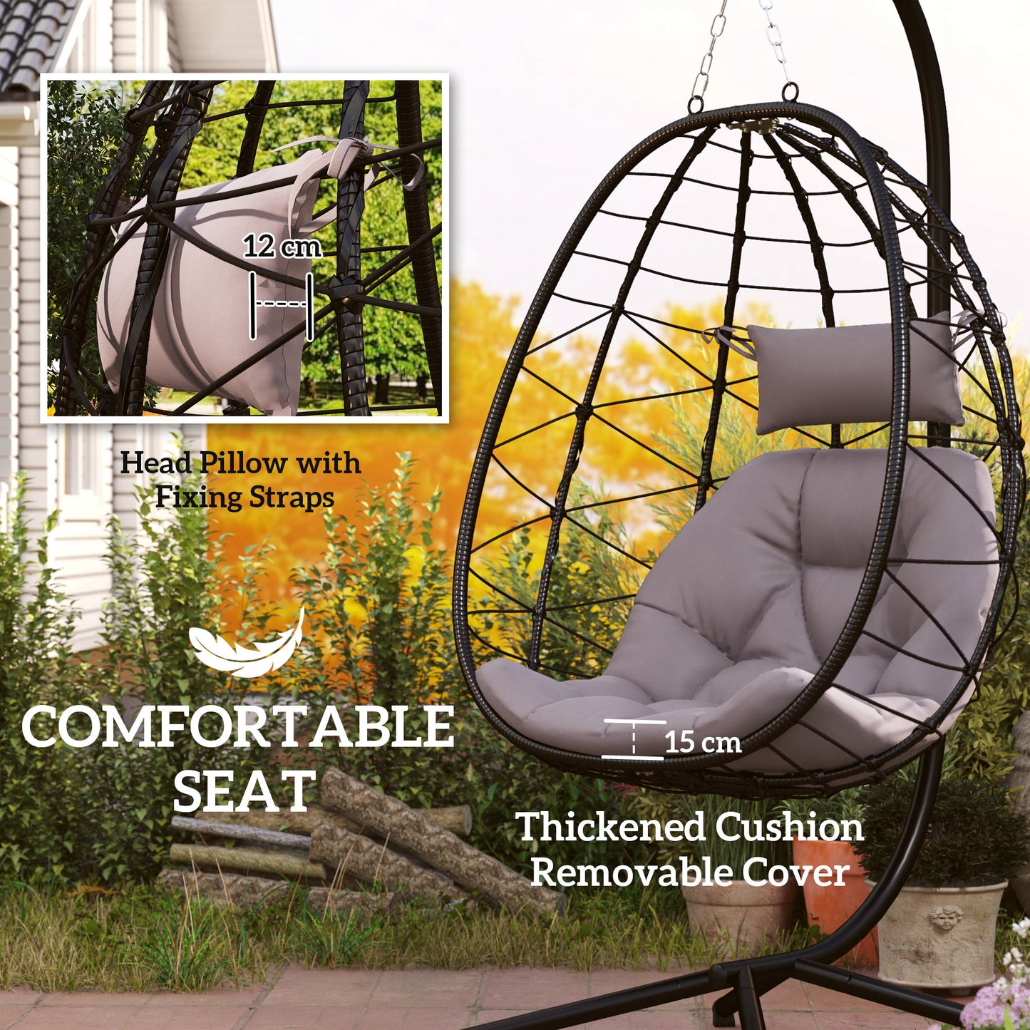Hanging Egg Chair Outdoor Indoor Garden Swing Chair with Folding Basket, Thickened Cushion, Garden Hanging Chair with Stand