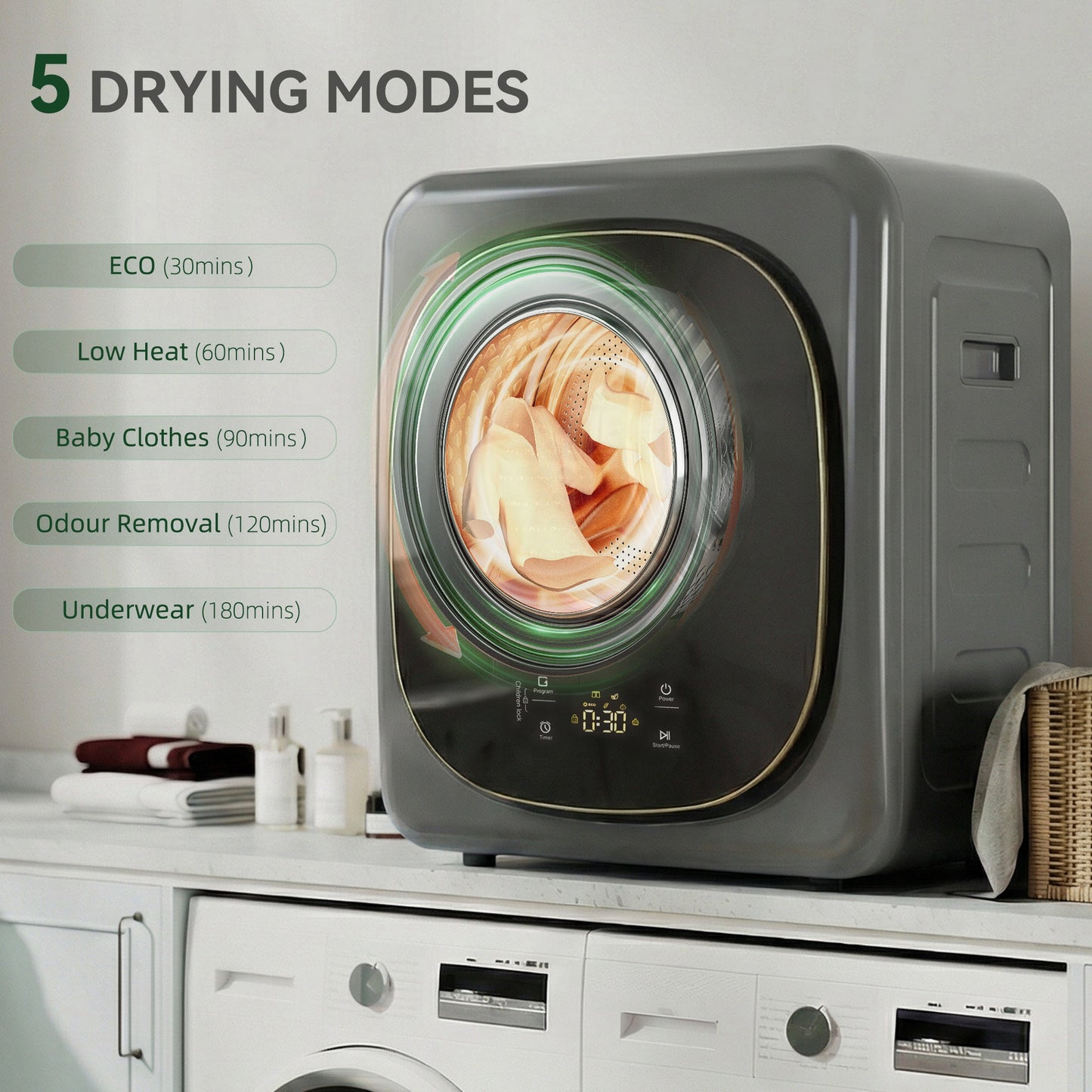 4kg Vented Tumble Dryer with 5 Drying Mode, 800W Compact Freestanding Front Tumble Dryer, Grey