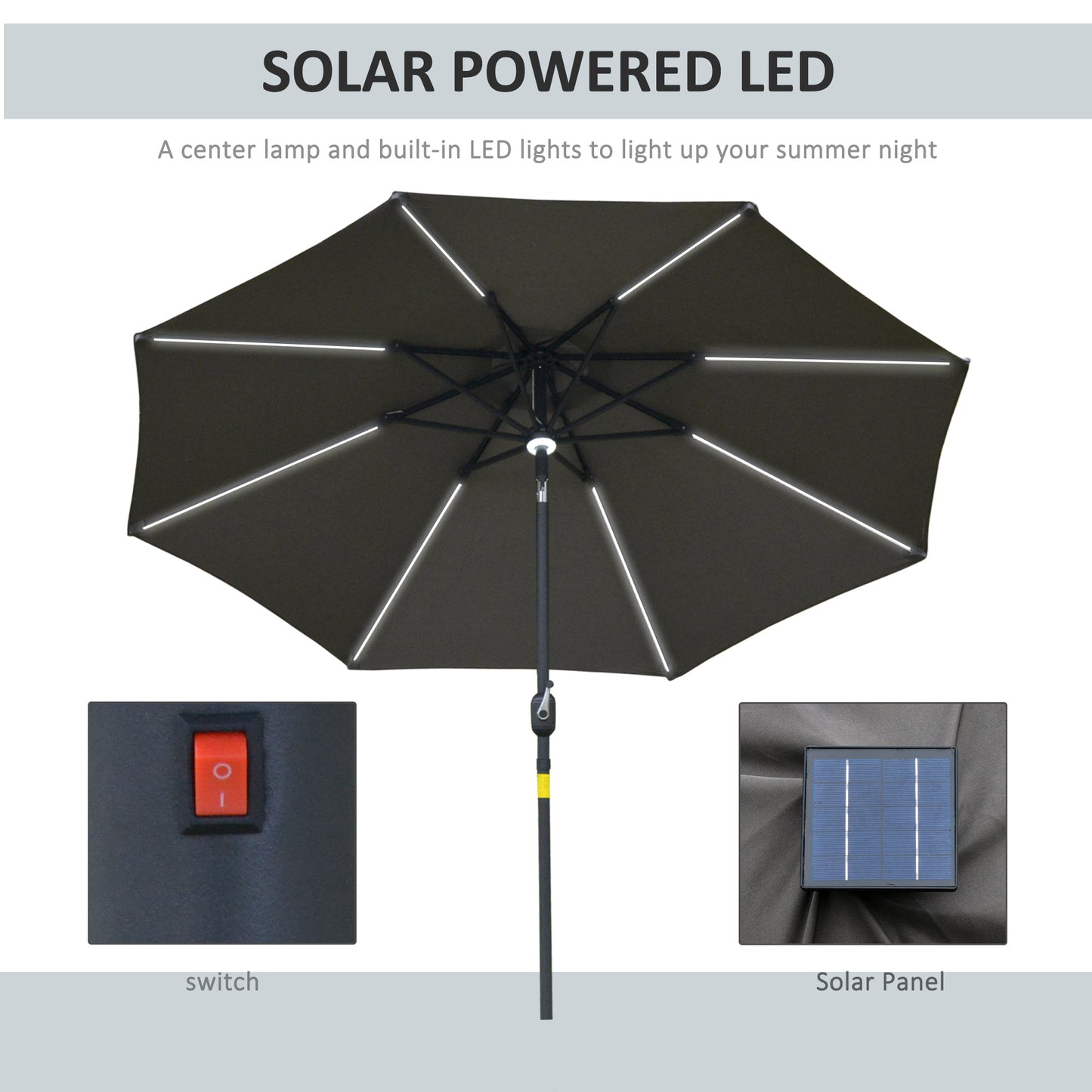 2.7m Garden Parasol Sun Umbrella w/ LED Solar Light Angled Canopy Grey