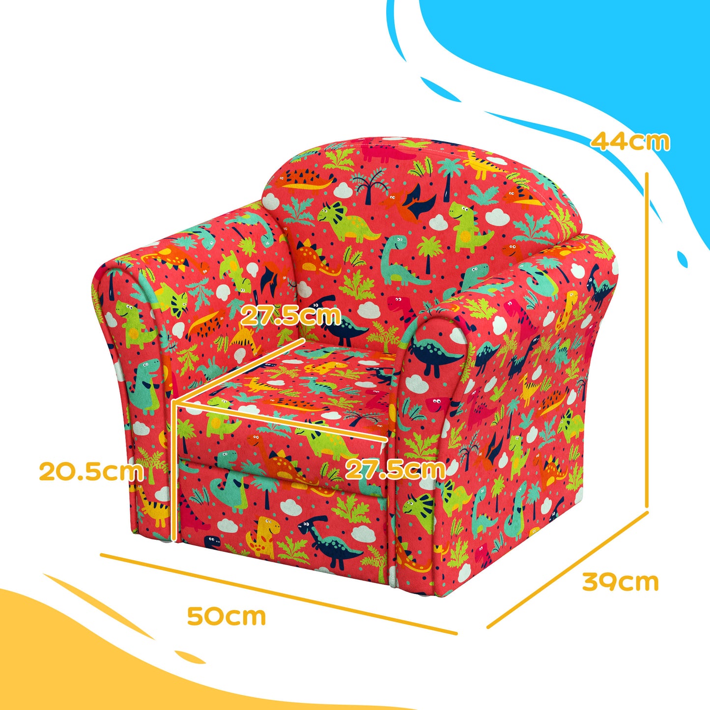 Kids Armchair with Dinosaur Design, Wooden Frame, for Bedroom, Playroom, Kids Room - Red