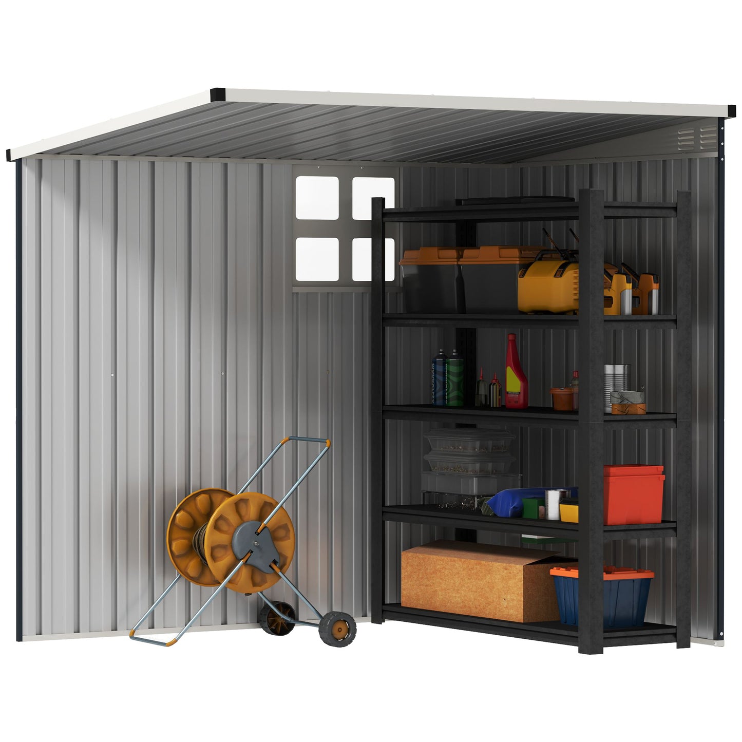 4 x 6ft Lean to Garden Metal Shed, Outdoor Storage Shed with Window, 2 Vents and Lockable Door for Patio, Dark Grey