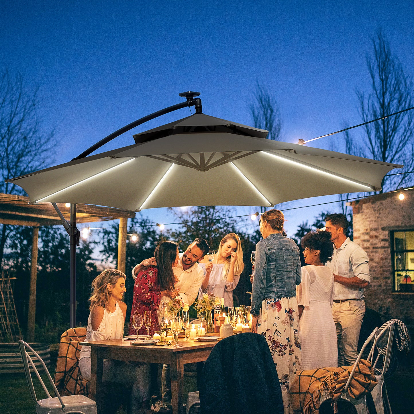 3(m) Cantilever Banana Parasol Hanging Umbrella with Double Roof, LED Solar lights, Crank