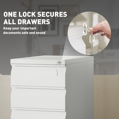 3-Drawer Steel Filing Cabinet with Lock and Wheels - White