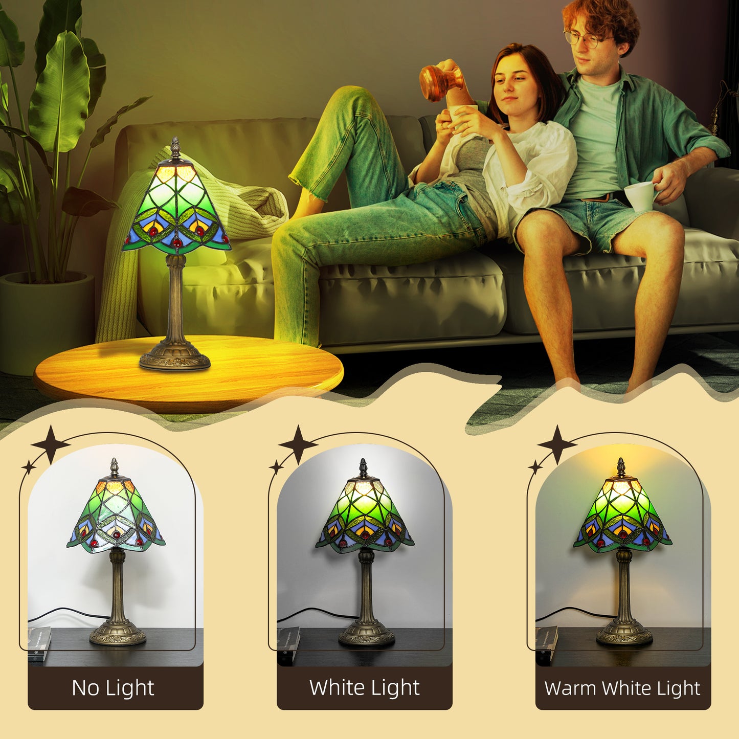 Tiffany-Style Table Lamp with Geometric Patterns, Handcrafted Antique Stained Glass Bedside Lamp for Living Room and Bedroom