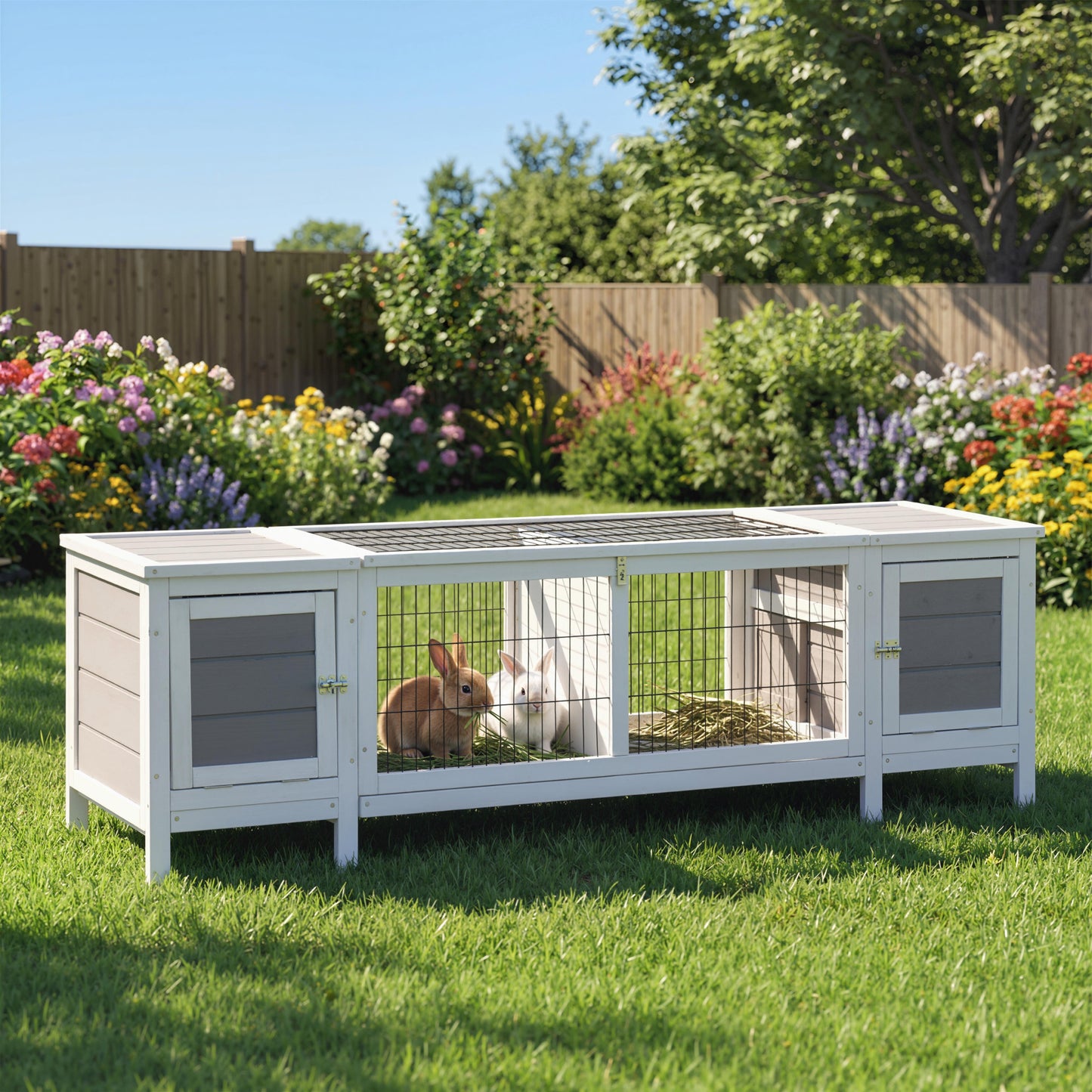 Rabbit Hutch and Run, with Removable Tray - Grey