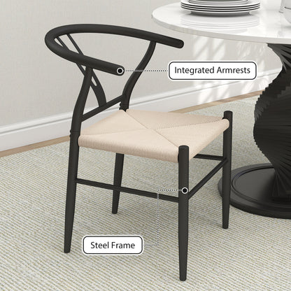 Set of Two Weave Dining Chairs with Y-Shaped Backrest Hemp Seat - Black/Beige
