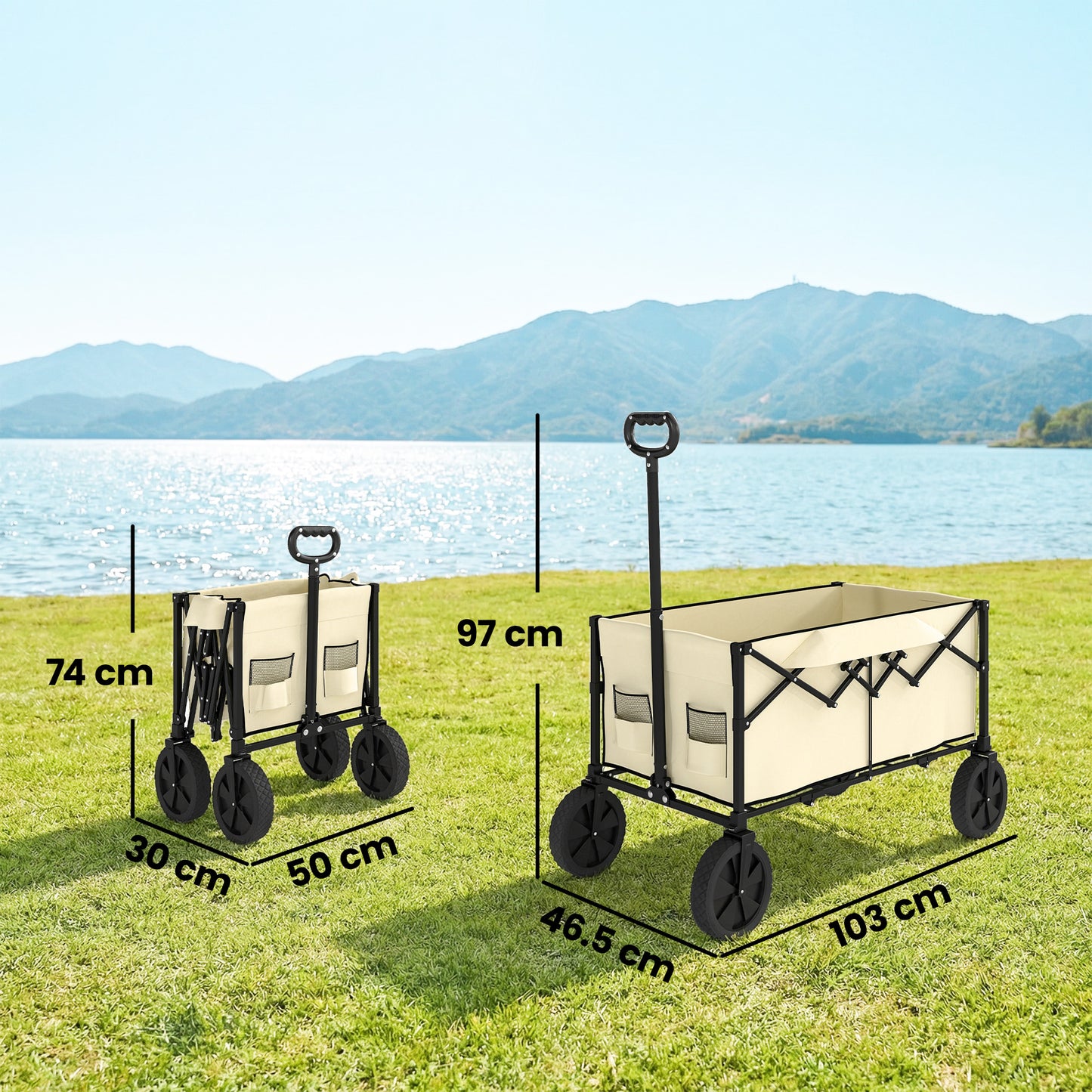 95L Foldable Festival Trolley on Wheels, Collapsible Wagon Cart with Adjustable Handle and 2 Cup Holders, Khaki
